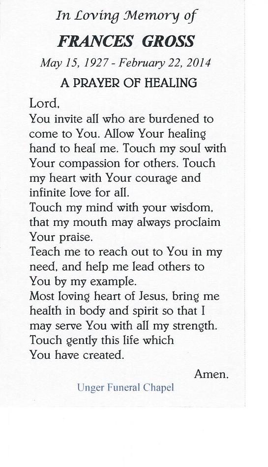February 22, 2014 Frances obit prayer card.
